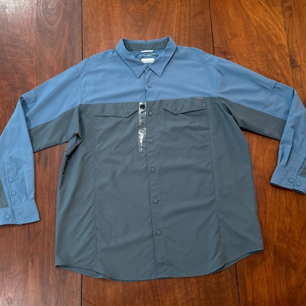 NWT Columbia Omni Shade Sun Protection Long Sleeve Button Down Shirt Blue XXL